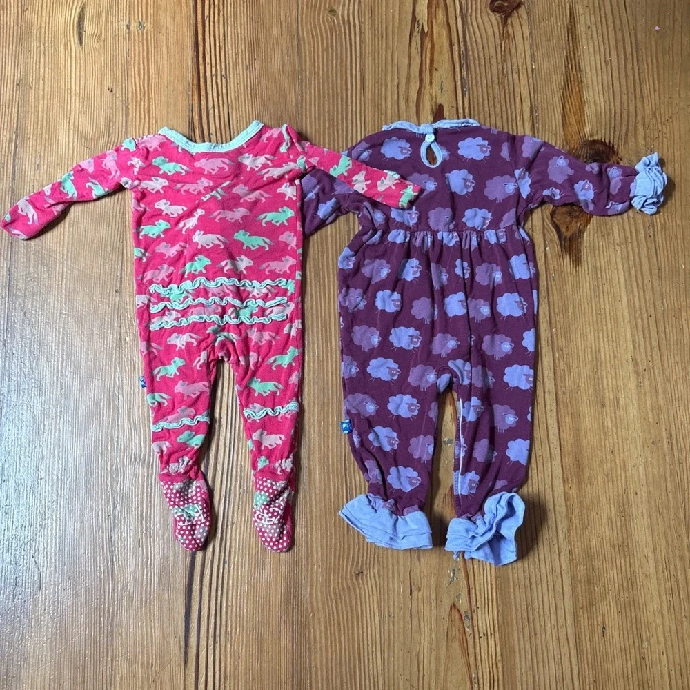 KicKee Pants Romper Footie Girls Pink Purple Ruffle Animal SIZE 3-6M